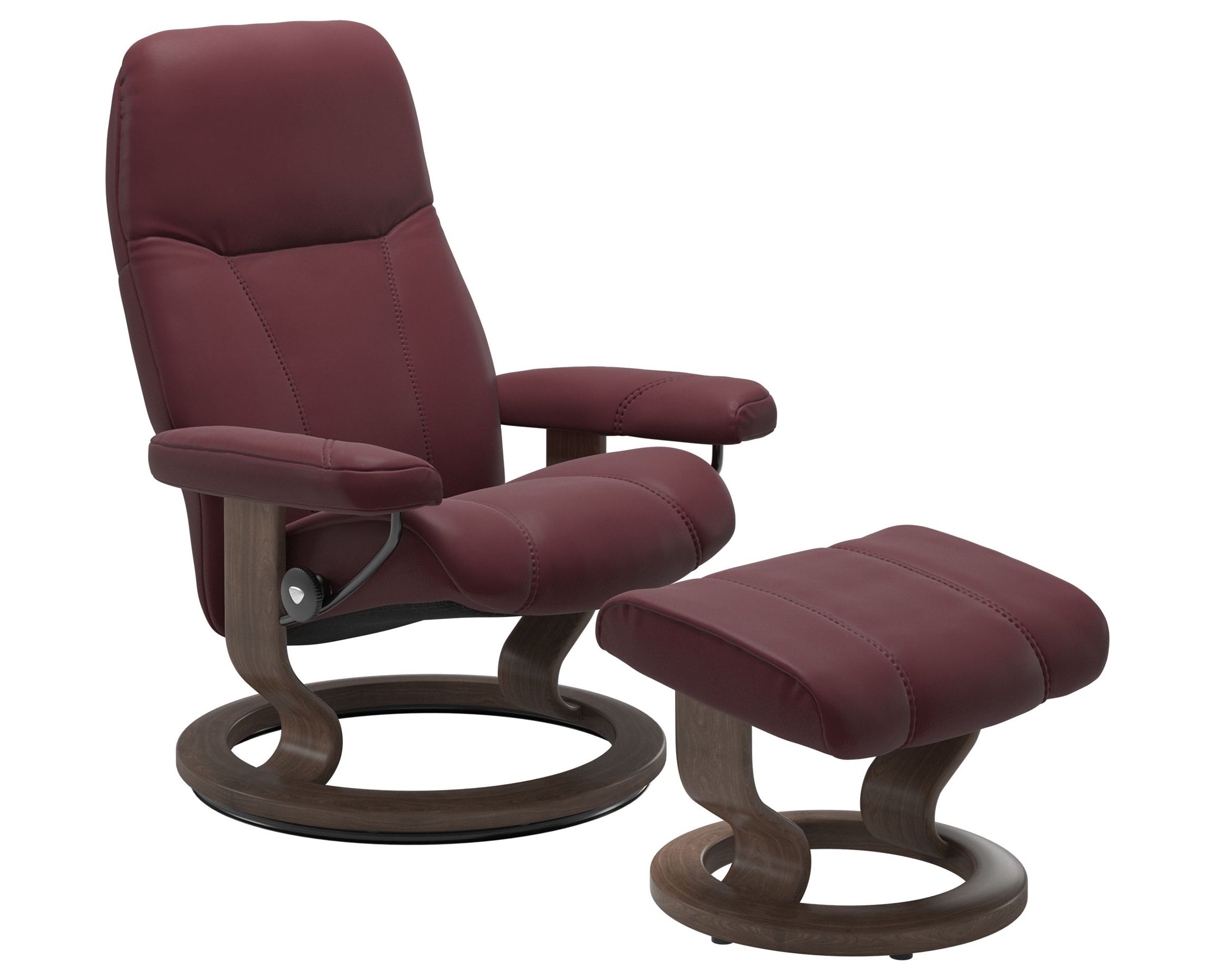 Batick Leather Bordeaux L and Walnut Base | Stressless Consul Classic Recliner - Promo | Valley Ridge Furniture