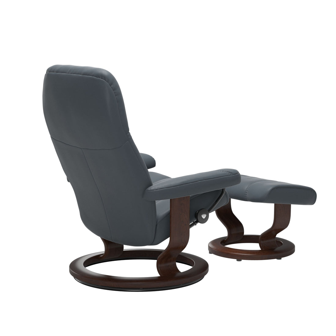 Stressless Consul Recliner Classic Base in Batick Atlantic Blue, Brown, rear three-quarter view