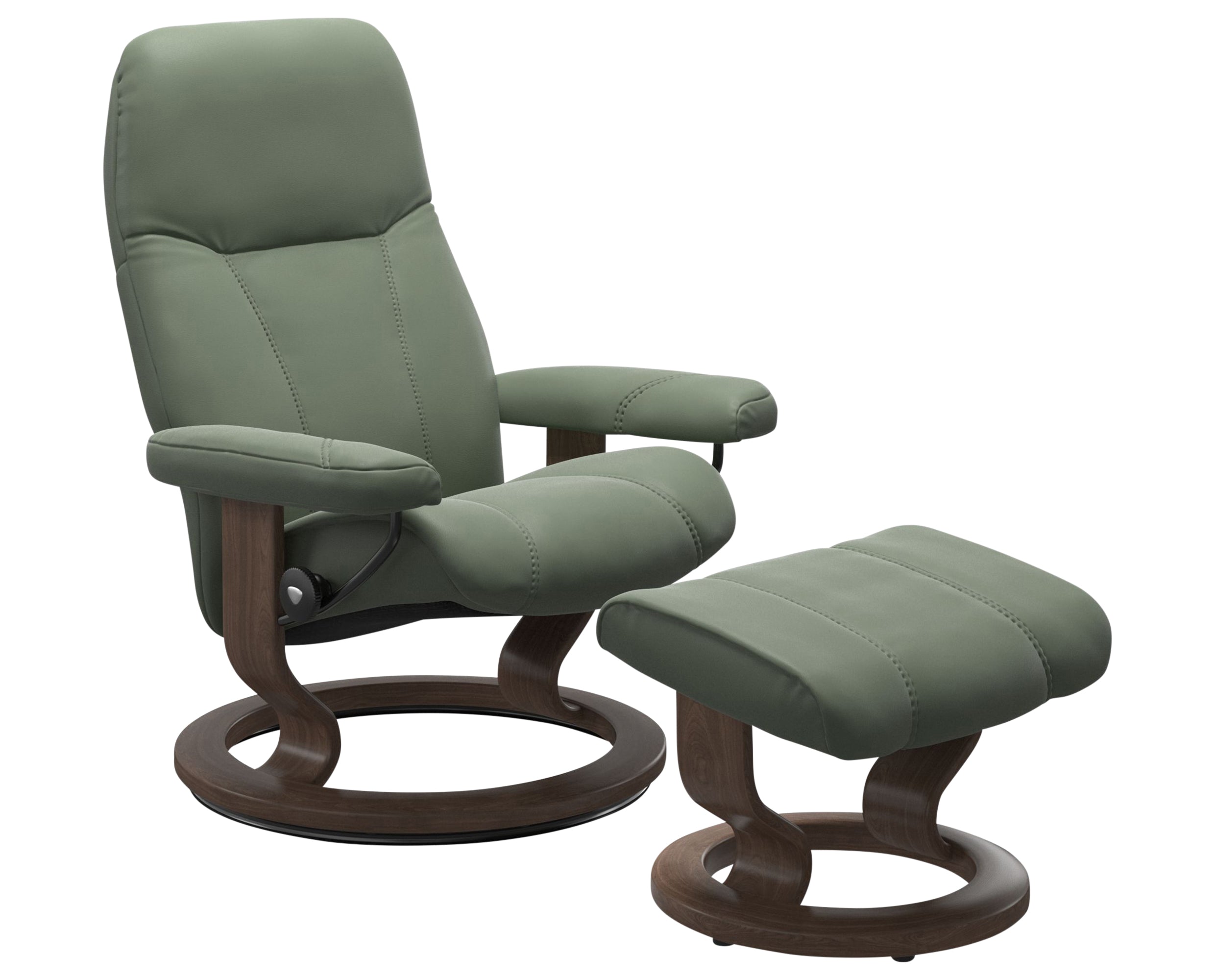 Batick Leather Thyme Green M/L and Walnut Base | Stressless Consul Classic Recliner - Promo | Valley Ridge Furniture