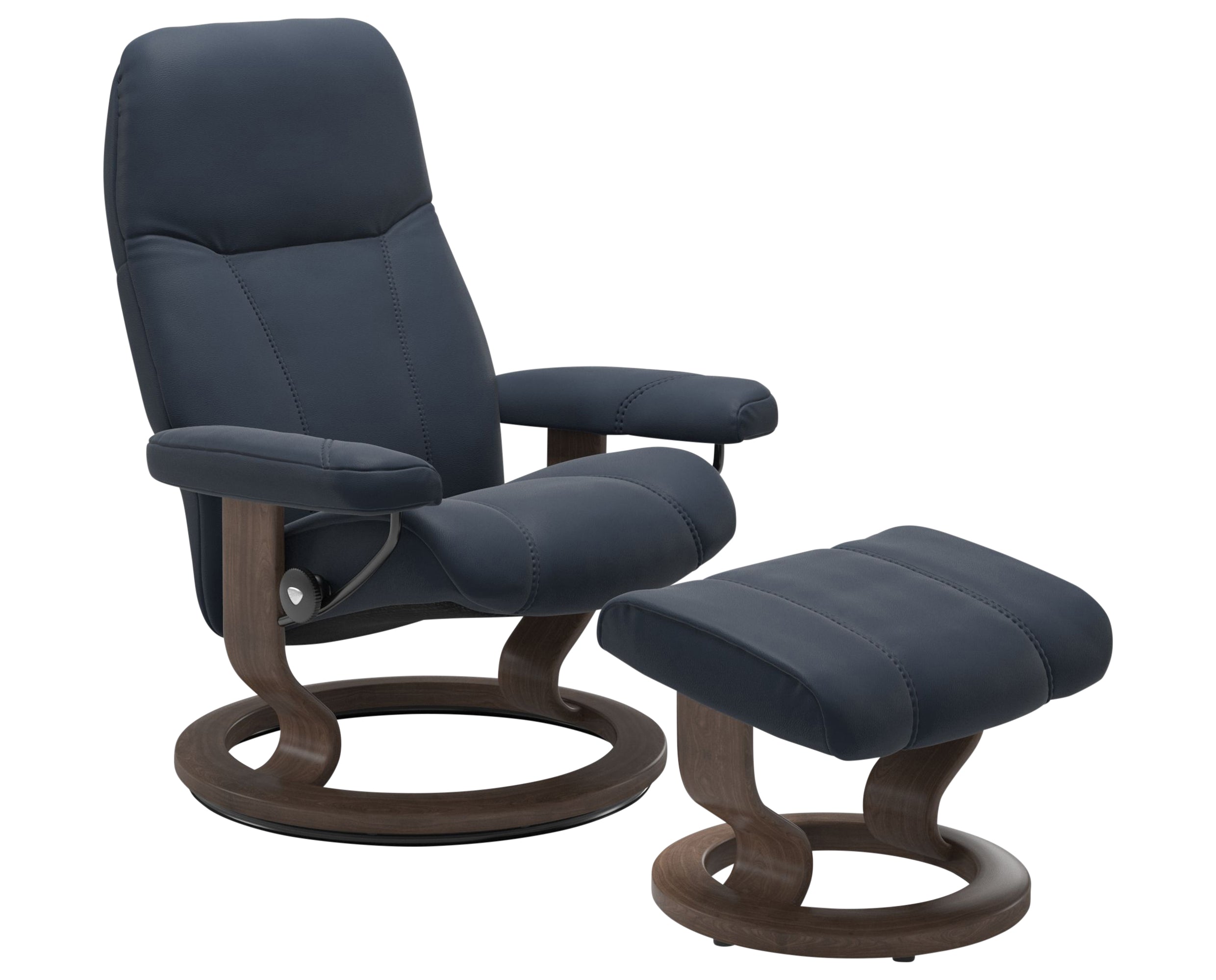 Paloma Leather Oxford Blue S/M/L and Walnut Base | Stressless Consul Classic Recliner - Promo | Valley Ridge Furniture