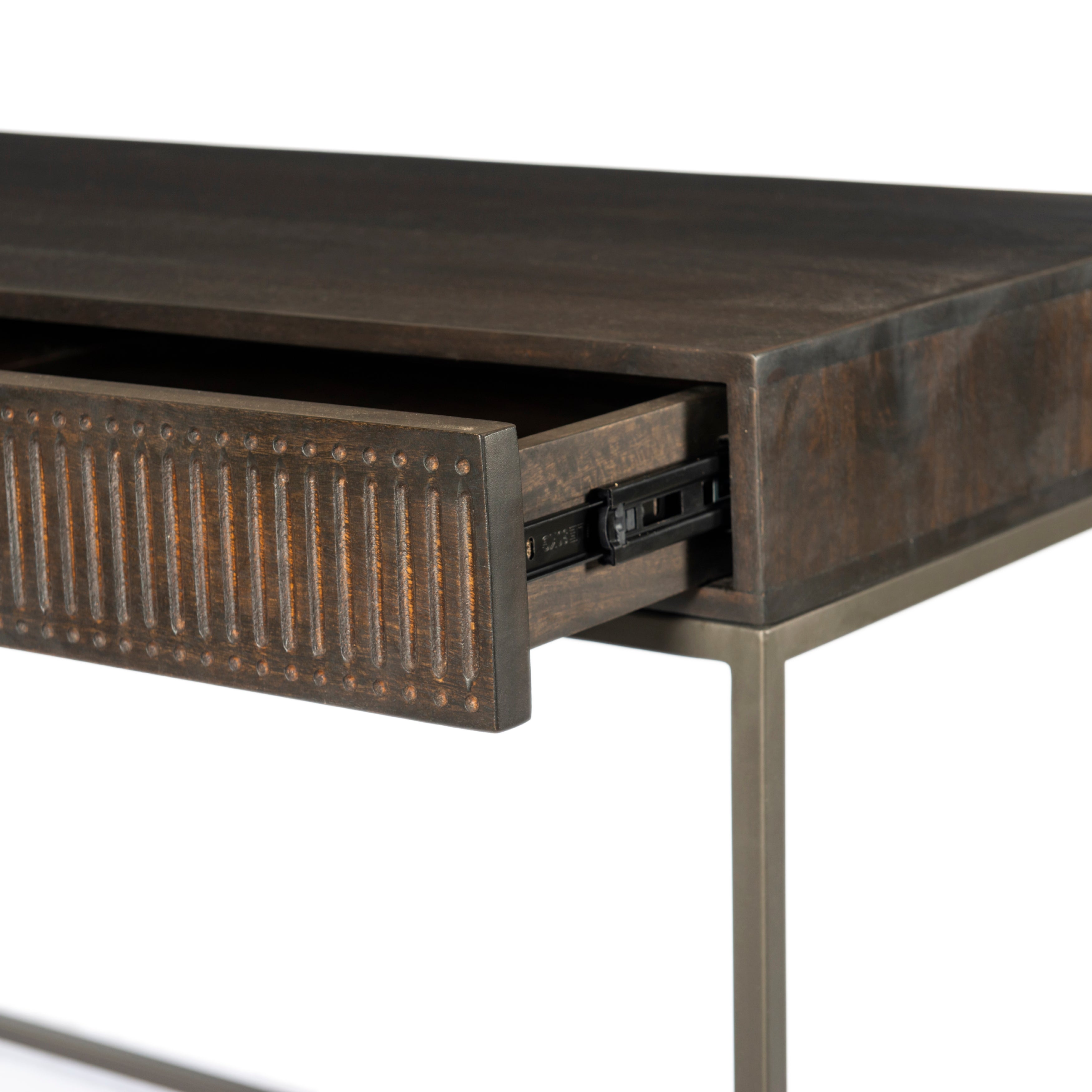 Carved Vintage Brown Mango & Gunmetal Iron with Aged Brass Iron | Kelby Writing Desk | Valley Ridge Furniture