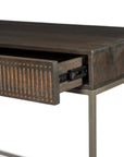 Carved Vintage Brown Mango & Gunmetal Iron with Aged Brass Iron | Kelby Writing Desk | Valley Ridge Furniture