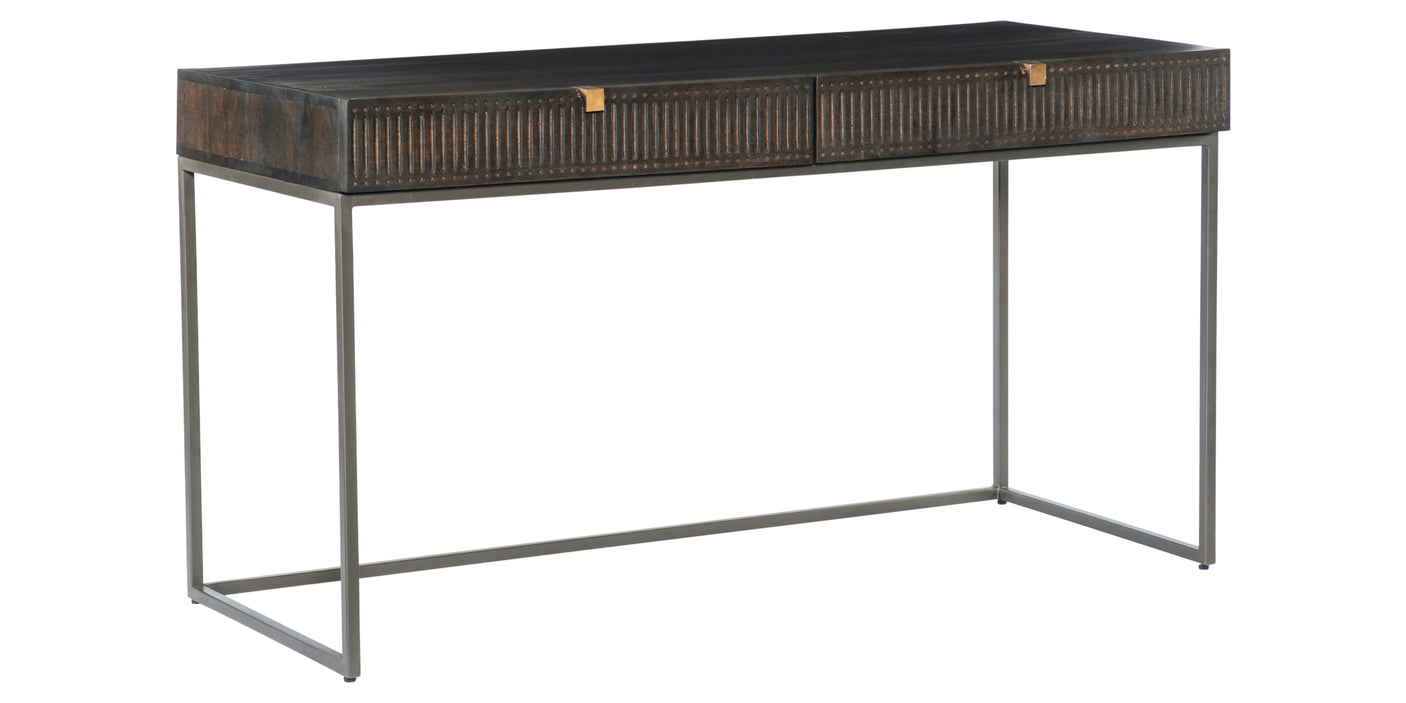 Carved Vintage Brown Mango & Gunmetal Iron with Aged Brass Iron | Kelby Writing Desk | Valley Ridge Furniture