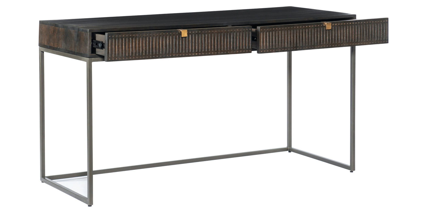 Carved Vintage Brown Mango & Gunmetal Iron with Aged Brass Iron | Kelby Writing Desk | Valley Ridge Furniture