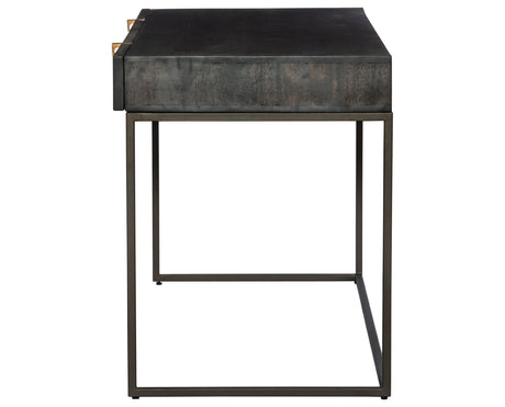 Carved Vintage Brown Mango & Gunmetal Iron with Aged Brass Iron | Kelby Writing Desk | Valley Ridge Furniture
