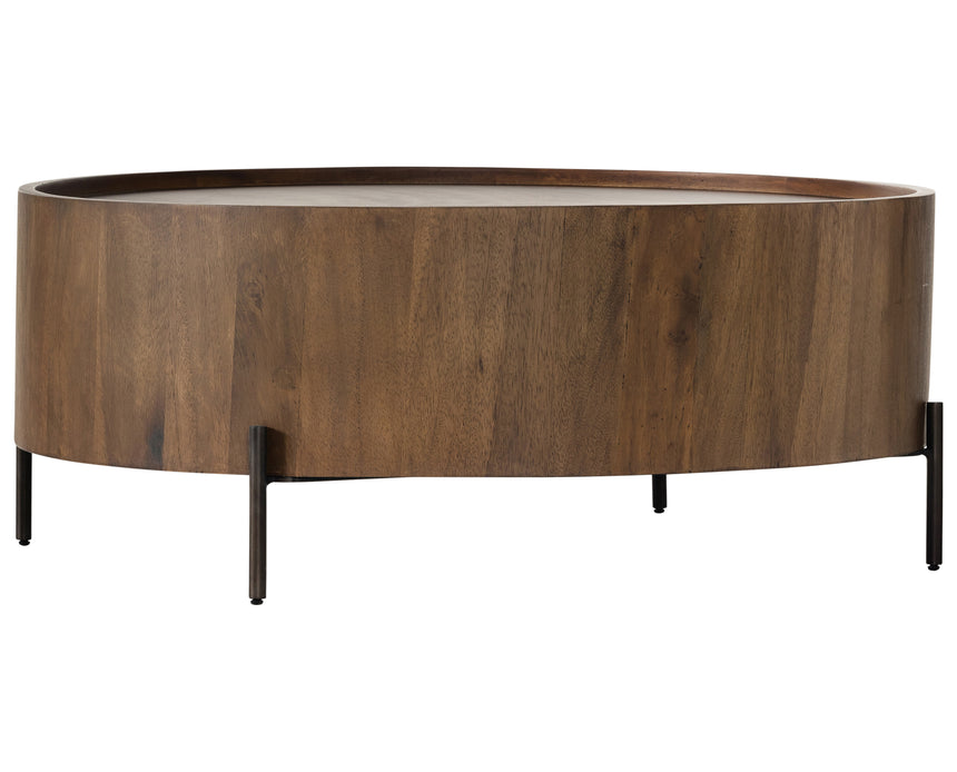 Caramel Guanacaste with Bronzed Iron | Lunas Drum Coffee Table | Valley Ridge FurnitureCaramel Guanacaste with Bronzed Iron | Lunas Drum Coffee Table | Valley Ridge Furniture