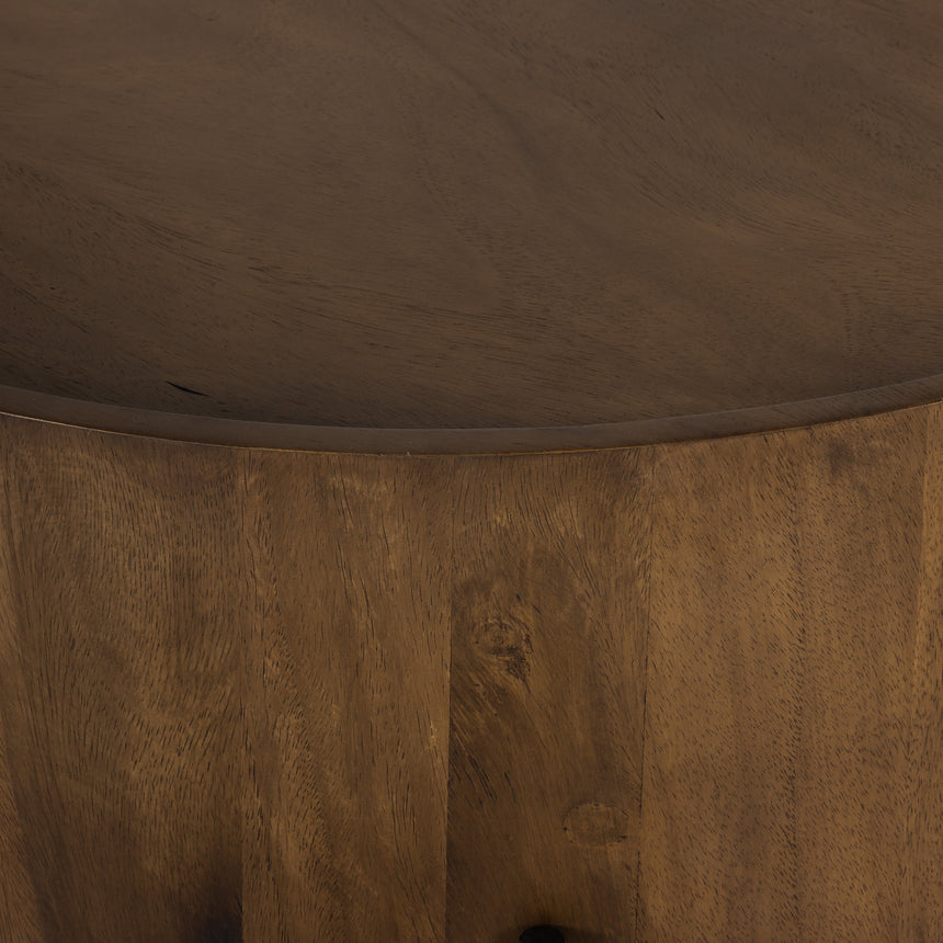 Caramel Guanacaste with Bronzed Iron | Lunas Drum Coffee Table | Valley Ridge Furniture