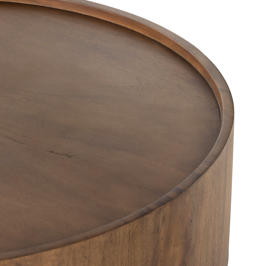 Caramel Guanacaste with Bronzed Iron | Lunas Drum Coffee Table | Valley Ridge Furniture