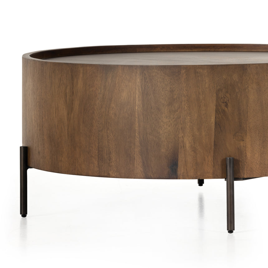 Caramel Guanacaste with Bronzed Iron | Lunas Drum Coffee Table | Valley Ridge Furniture