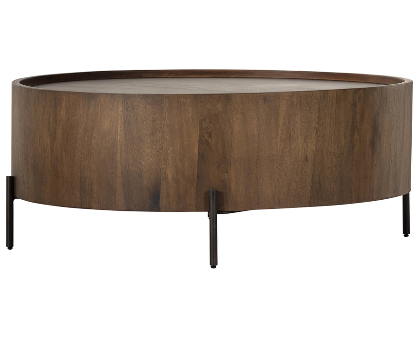 Caramel Guanacaste with Bronzed Iron | Lunas Drum Coffee Table | Valley Ridge Furniture