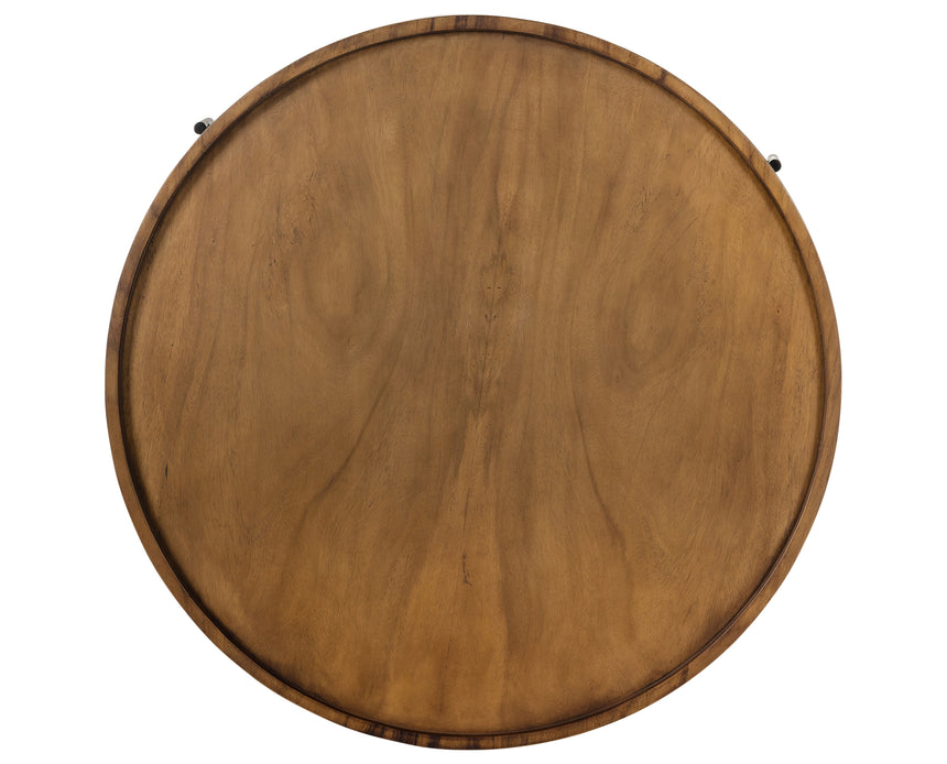 Caramel Guanacaste with Bronzed Iron | Lunas Drum Coffee Table | Valley Ridge Furniture