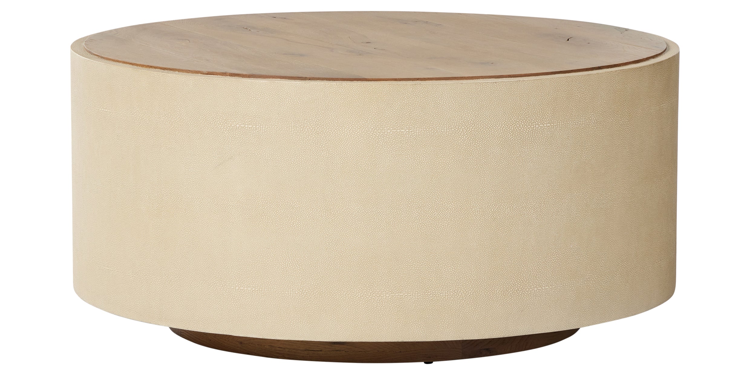 Natural Resawn Oak &amp; Light Cream Shagreen with Natural Solid Oak | Crosby Round Coffee Table | Valley Ridge Furniture