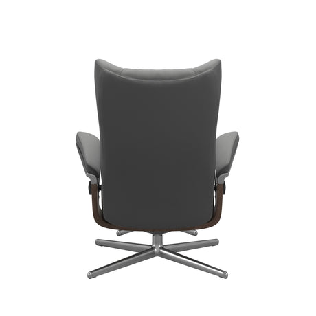 Stressless Wing Recliner Cross Base in Paloma Neutral Grey, back view, Walnut side panels, size Small