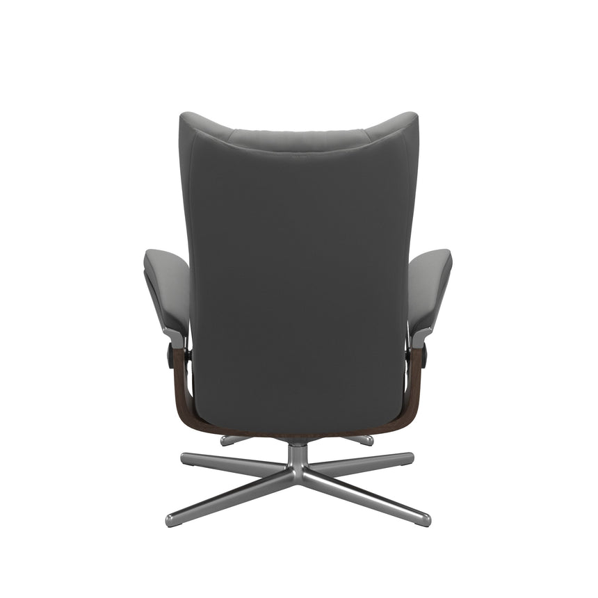 Stressless Wing Recliner Cross Base in Paloma Neutral Grey, back view, Walnut side panels, size Small