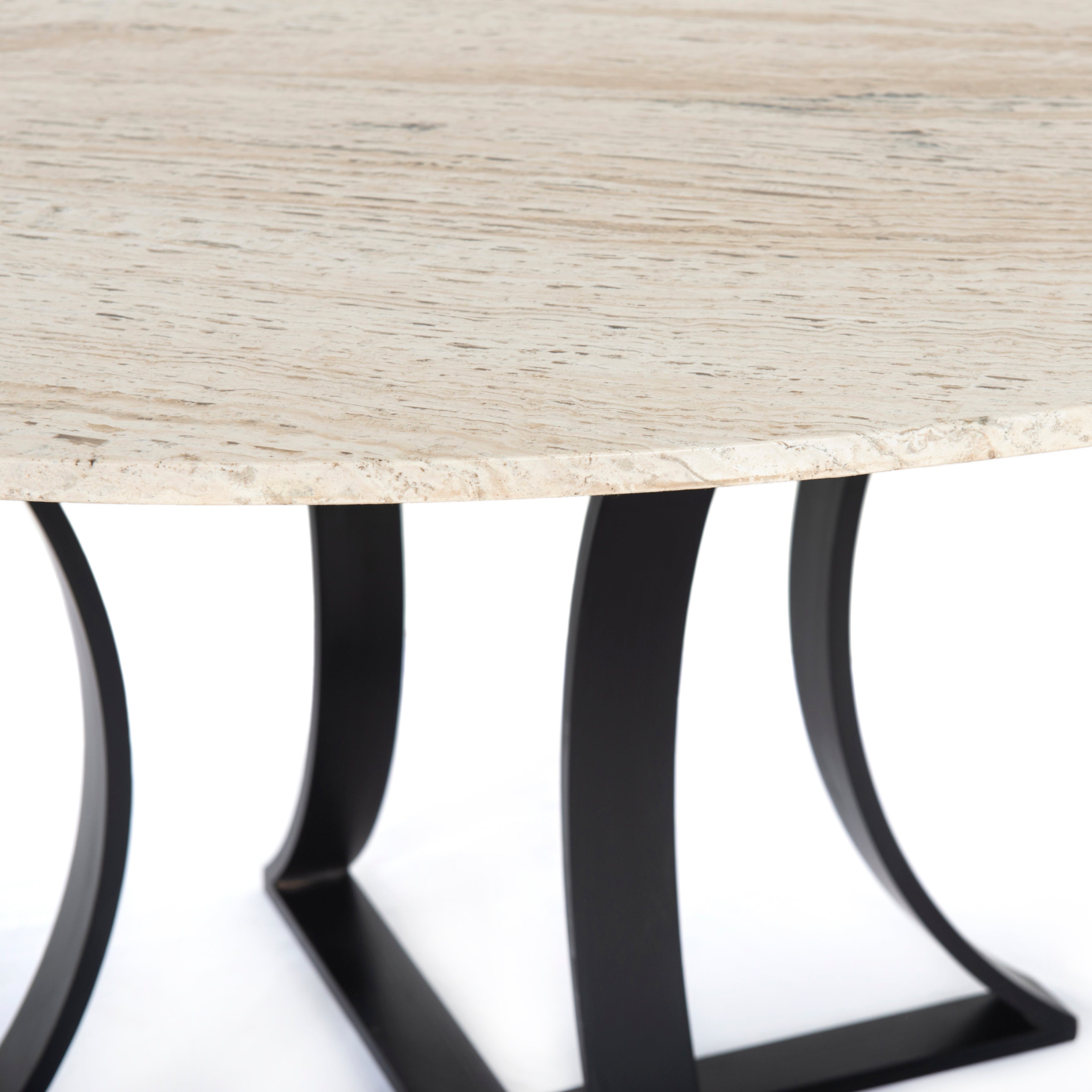 White Travertine with Dark Kettle Black Iron (60in Size) | Gage Dining Table | Valley Ridge Furniture
