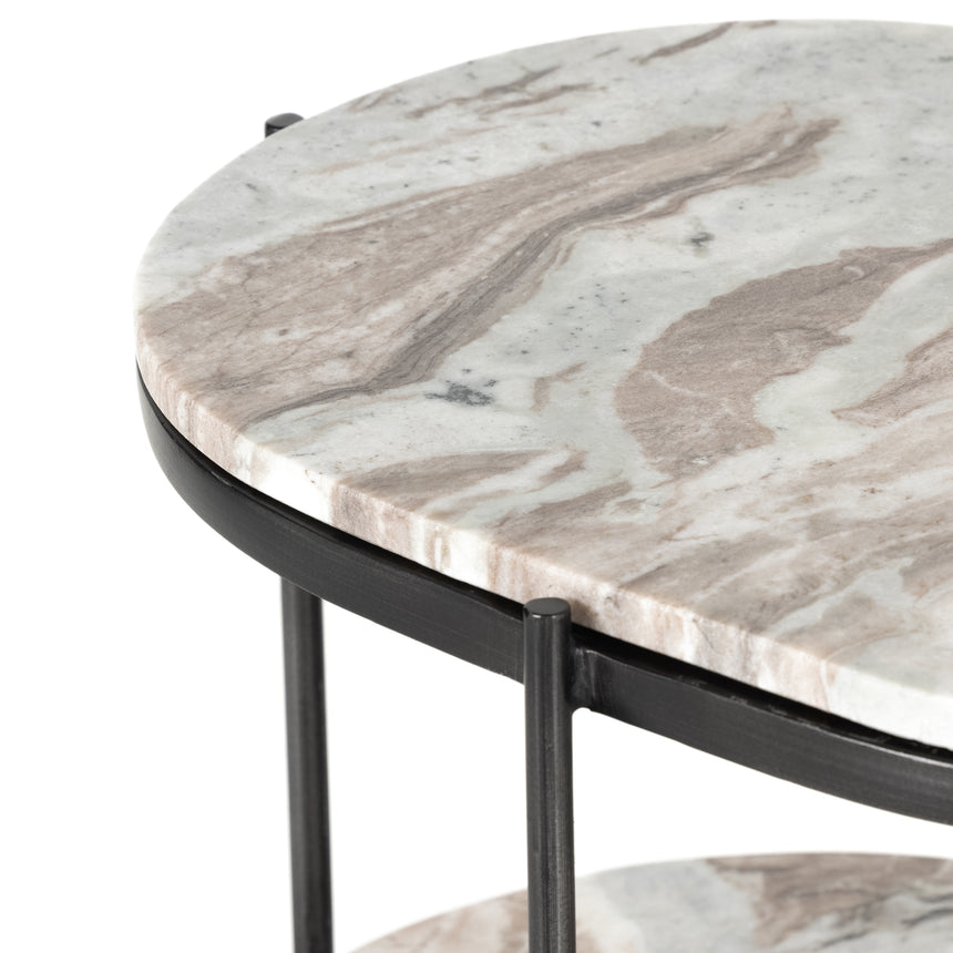 Canyon Marble with Hammered Grey Iron w/Clear Powder Coat | Felix Oval Nightstand | Valley Ridge Furniture