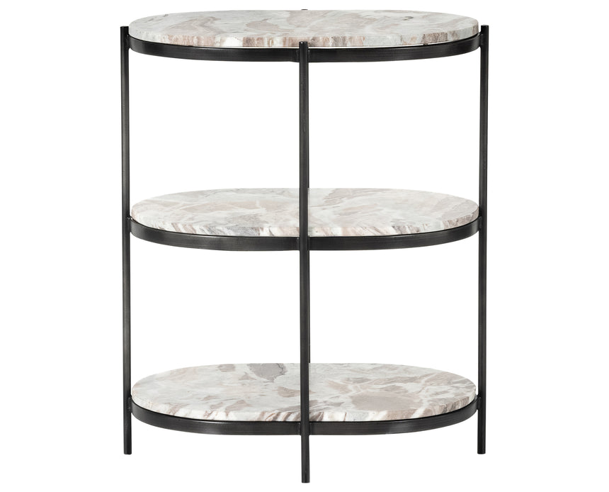 Canyon Marble with Hammered Grey Iron w/Clear Powder Coat | Felix Oval Nightstand | Valley Ridge Furniture