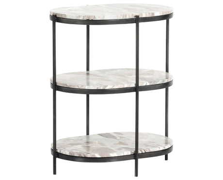 Canyon Marble with Hammered Grey Iron w/Clear Powder Coat | Felix Oval Nightstand | Valley Ridge Furniture