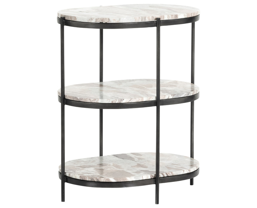 Canyon Marble with Hammered Grey Iron w/Clear Powder Coat | Felix Oval Nightstand | Valley Ridge Furniture
