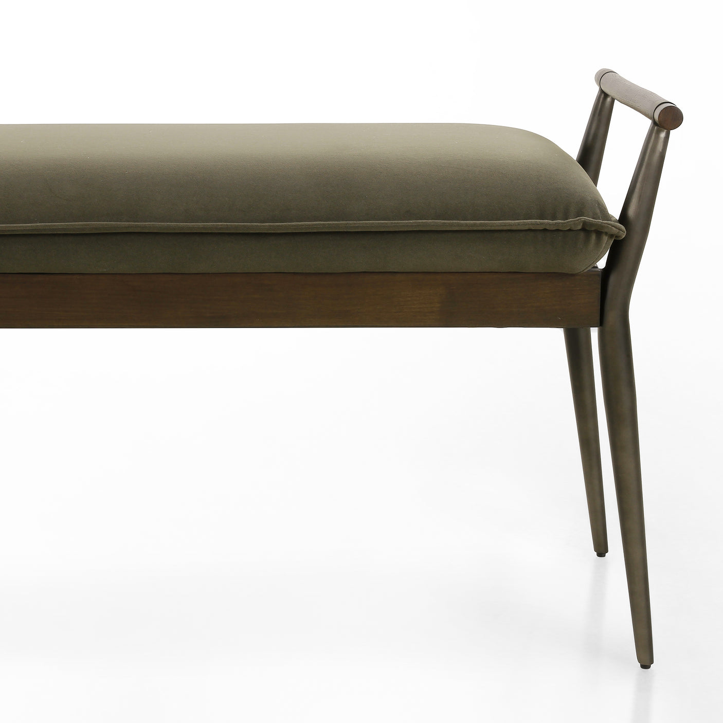 Modern Velvet Loden Fabric & Burnt Oak with Carbon Black Stainless Steel | Charlotte Bench | Valley Ridge Furniture