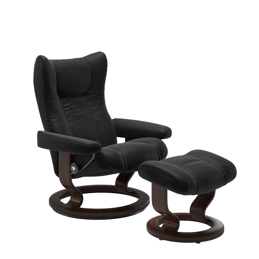 Wing Recliner - Classic Base - Paloma Black - Brown Wood