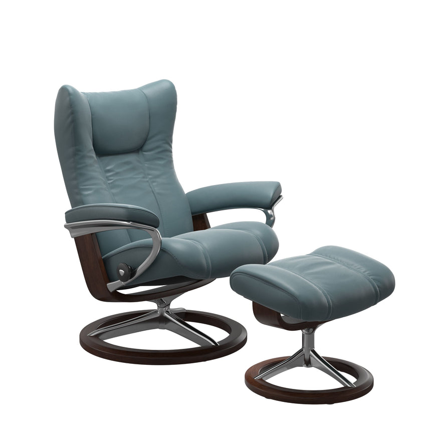 Wing Recliner - Signature Base - Paloma Teal Blue - Brown Wood