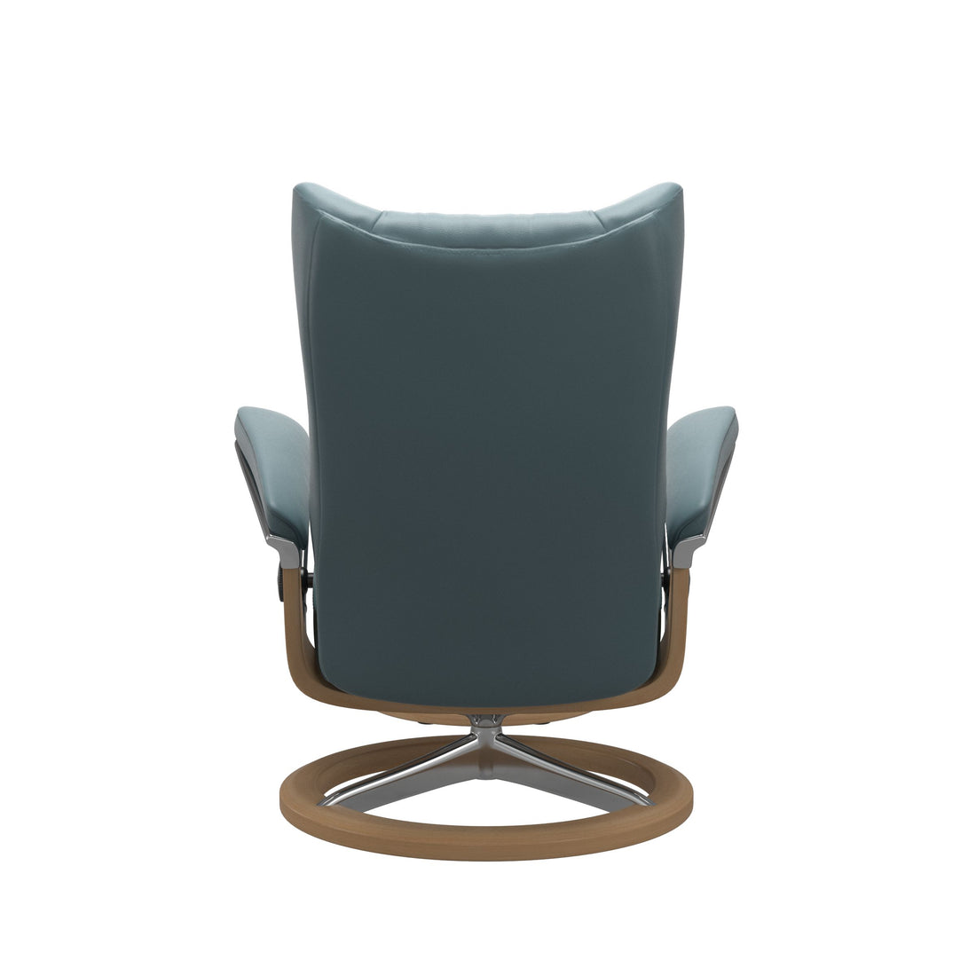Stressless Wing Recliner Signature Base in Paloma Teal Blue, Oak, back view