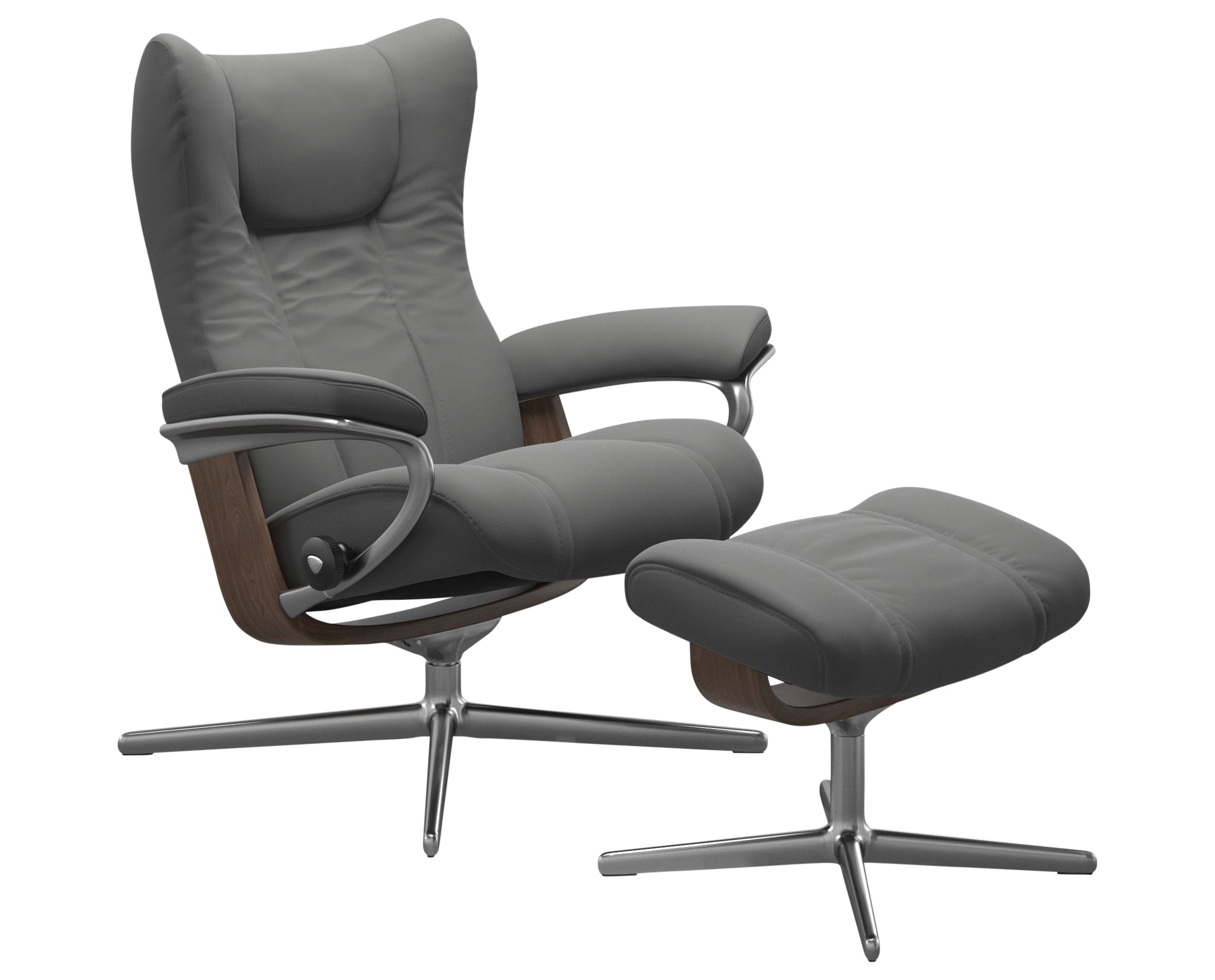 Paloma Leather Neutral Grey S/M/L & Walnut Base | Stressless Wing Signature Cross Base Recliner | Valley Ridge Furniture