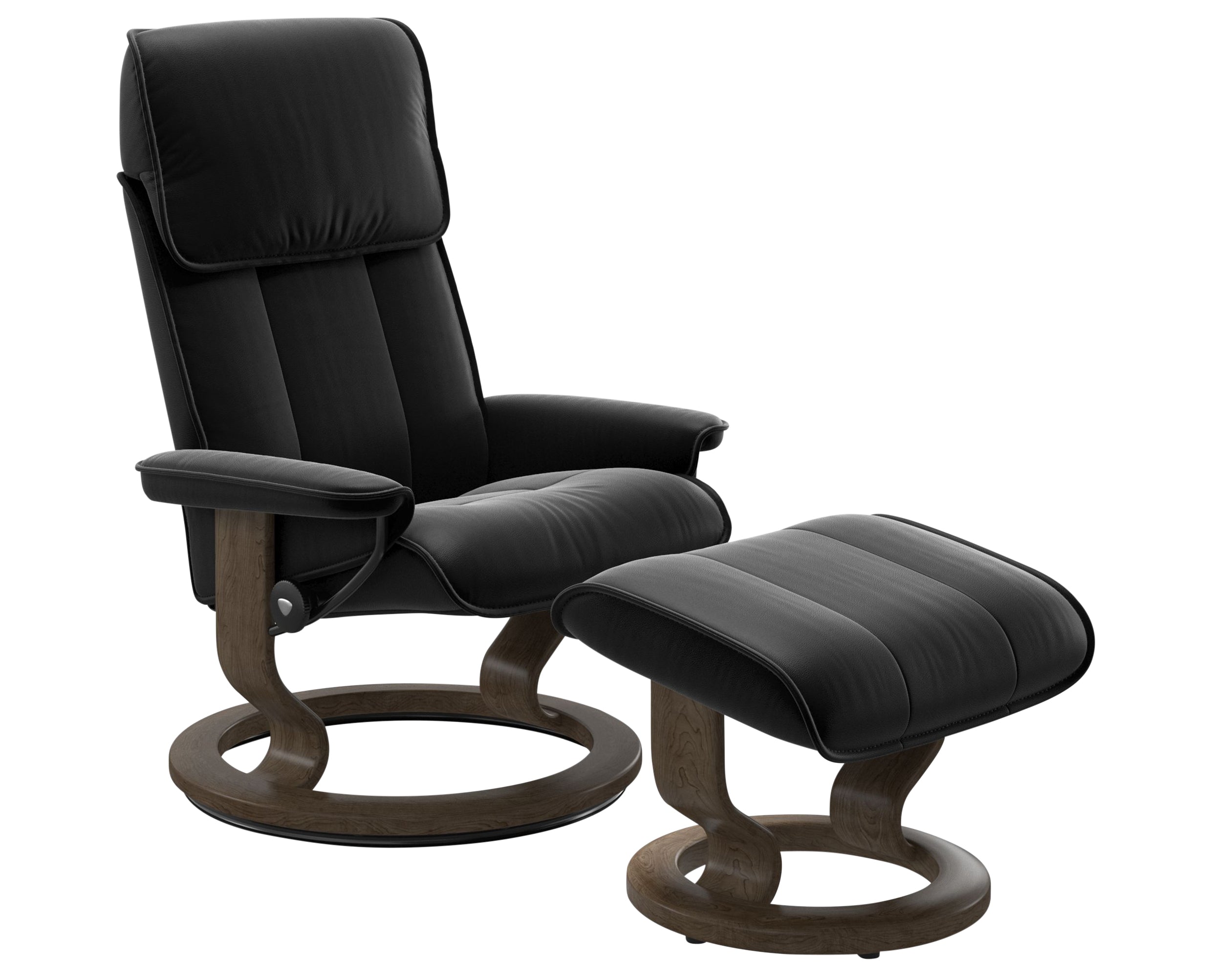 Paloma Leather Black M/L and Smoked Oak Base | Stressless Admiral Classic Recliner | Valley Ridge Furniture