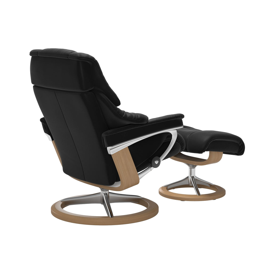 Stressless Reno Recliner Signature Base in Paloma Black, Oak, rear three-quarter view