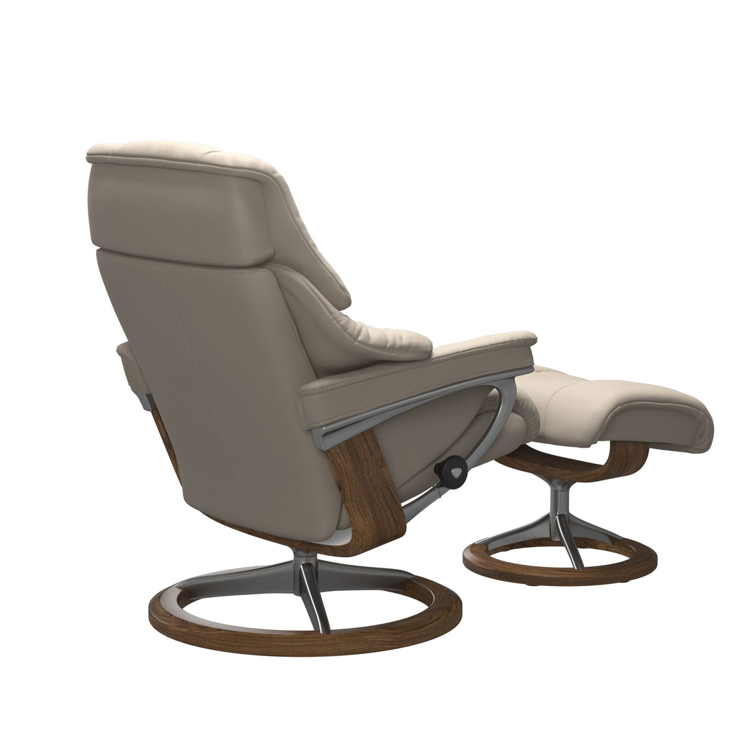 Stressless Reno Recliner Signature Base in Paloma Fog, Teak, rear three-quarter view