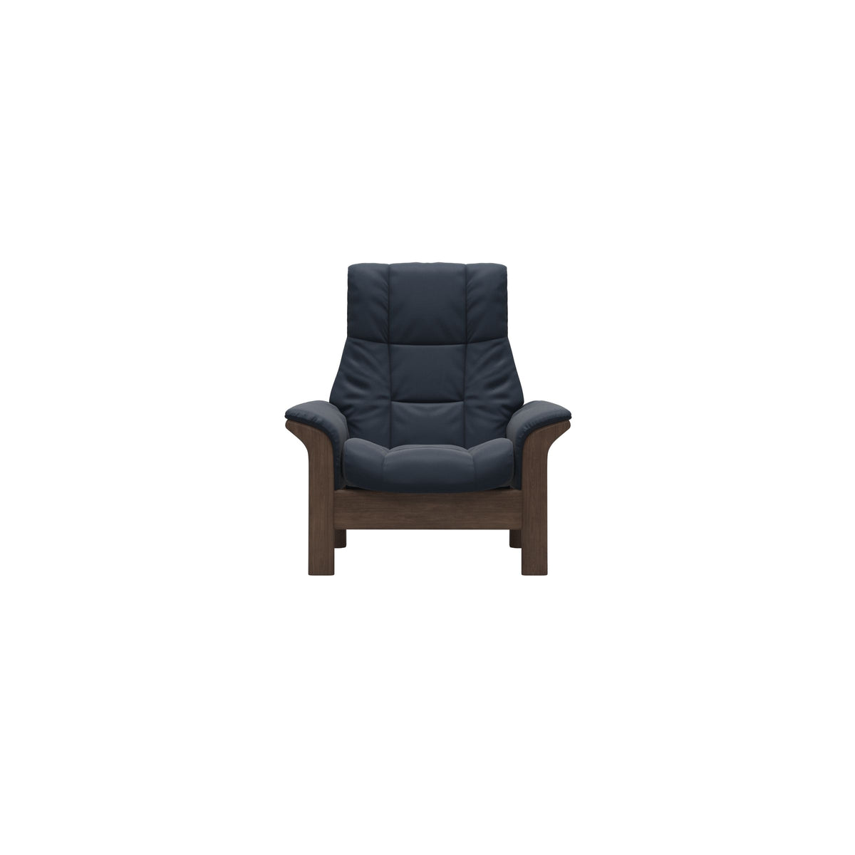 Stressless Windsor High Back Chair in Paloma Oxford Blue, Walnut, front view