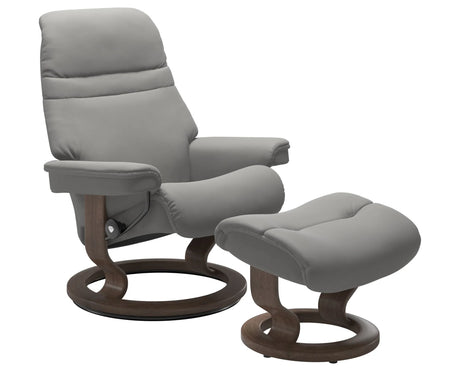 Paloma Leather Silver Grey S/M/L & Walnut Base | Stressless Sunrise Classic Recliner - Promo | Valley Ridge Furniture