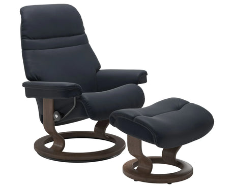 Paloma Leather Shadow Blue S/M/L & Walnut Base | Stressless Sunrise Classic Recliner - Promo | Valley Ridge Furniture