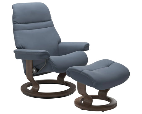 Paloma Leather Sparrow Blue S/M/L & Walnut Base | Stressless Sunrise Classic Recliner - Promo | Valley Ridge Furniture
