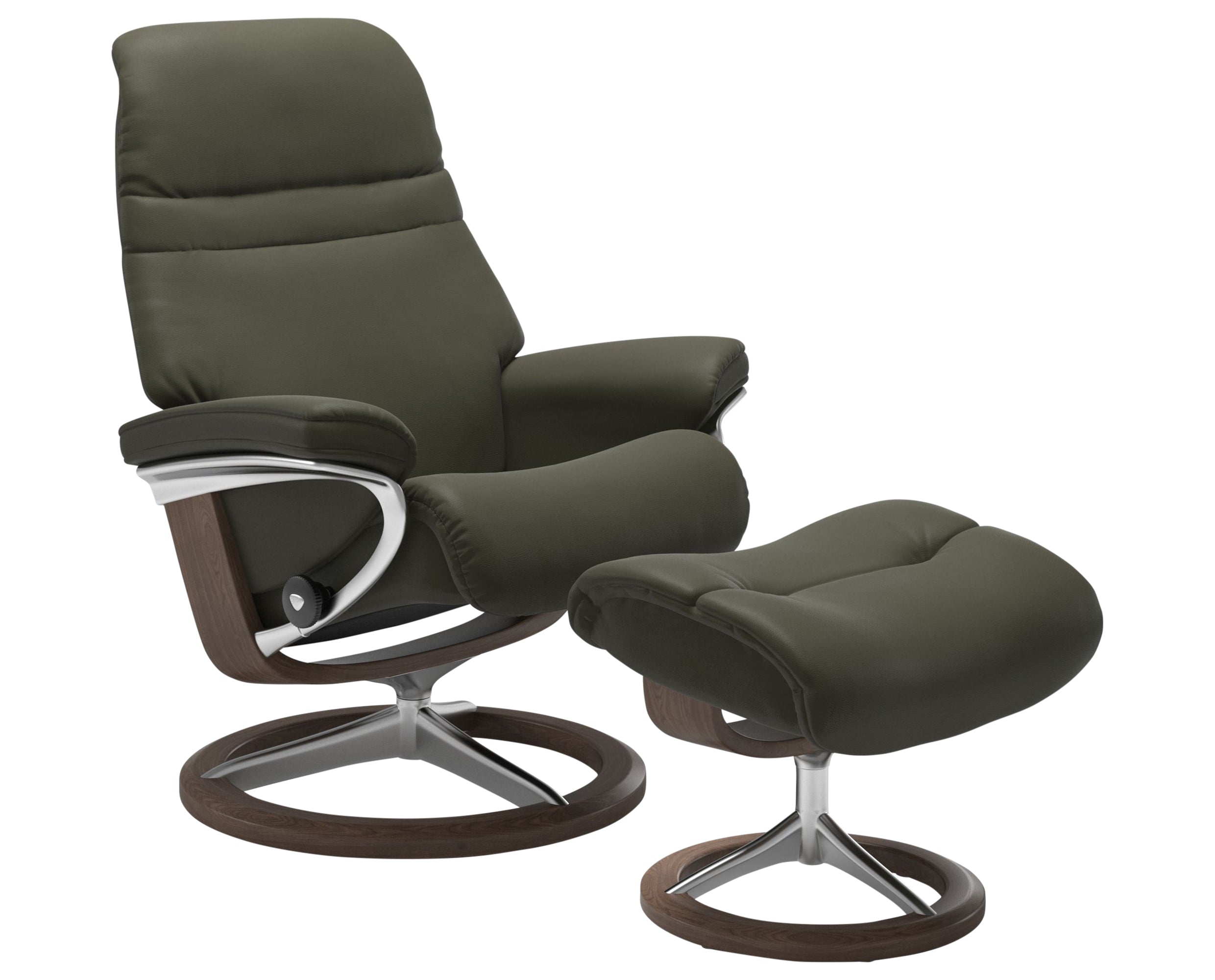 Paloma Leather Dark Olive M/L & Walnut Base | Stressless Sunrise Signature Recliner | Valley Ridge Furniture