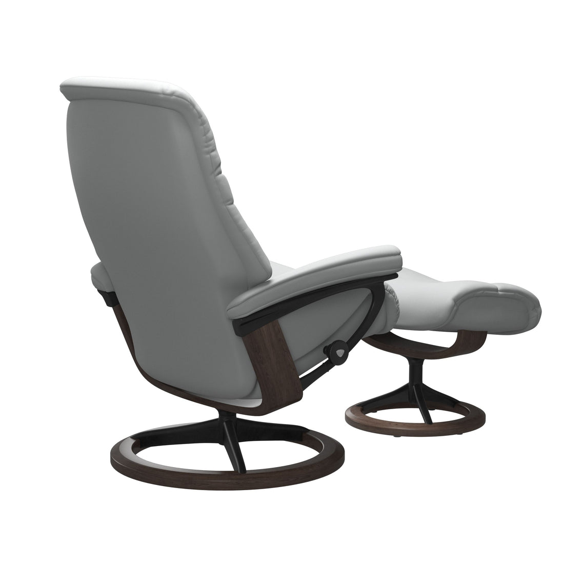 Stressless Sunrise Recliner Signature Base in Paloma Misty Grey, Wenge (with Matte Black), rear three-quarter view
