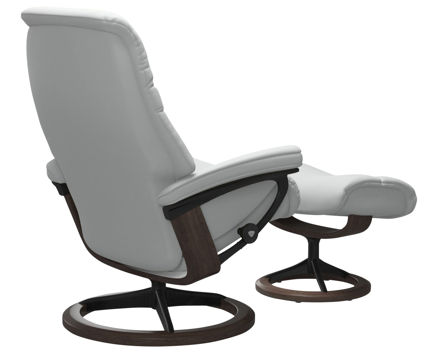 Paloma Leather Misty Grey M & Wenge Base with Matte Black Arm Trim | Stressless Sunrise Signature Recliner | Valley Ridge Furniture