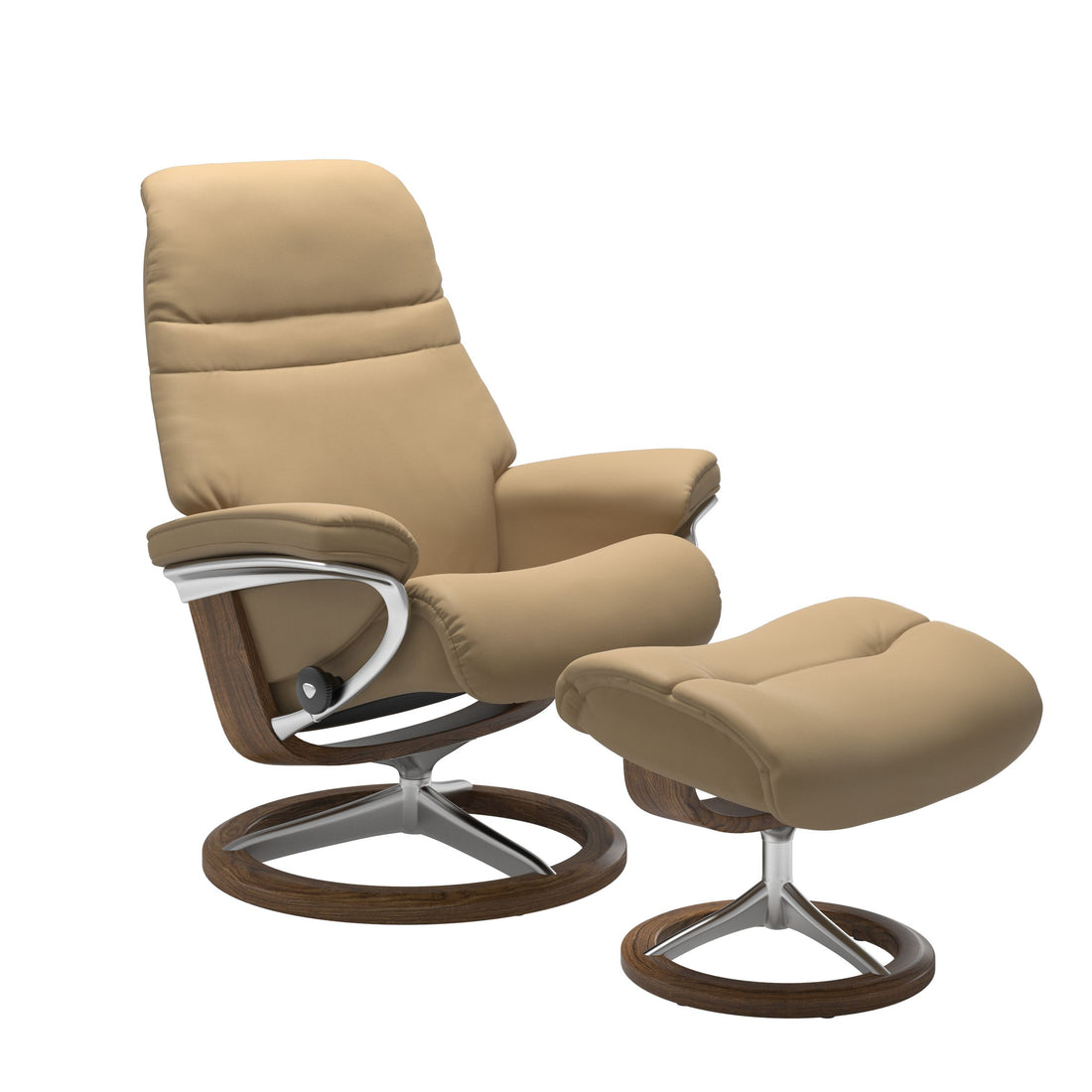 Stressless Sunrise Recliner Signature Base in Paloma Sand, Teak, front view