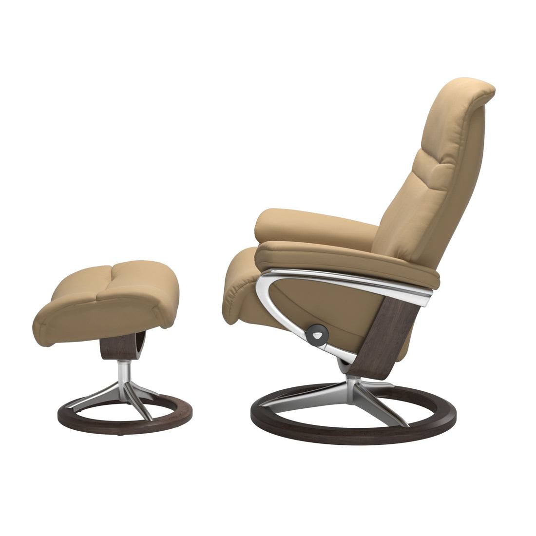 Stressless Sunrise Recliner Signature Base in Paloma Sand, Wenge, side view