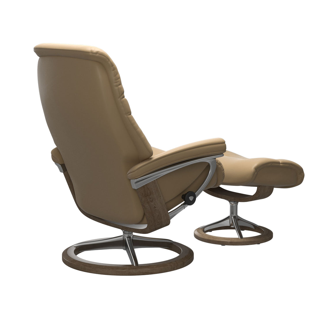 Stressless Sunrise Recliner Signature Base in Paloma Sand, Smoked Oak, rear three-quarter view