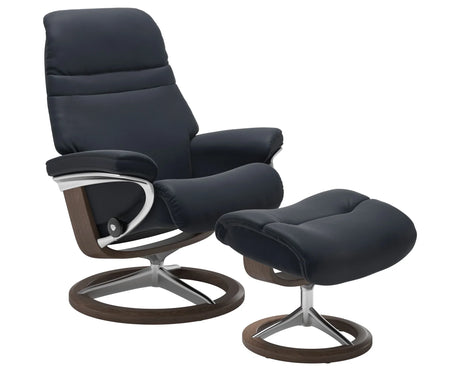 Paloma Leather Shadow Blue S/M/L & Walnut Base | Stressless Sunrise Signature Recliner - Promo | Valley Ridge Furniture