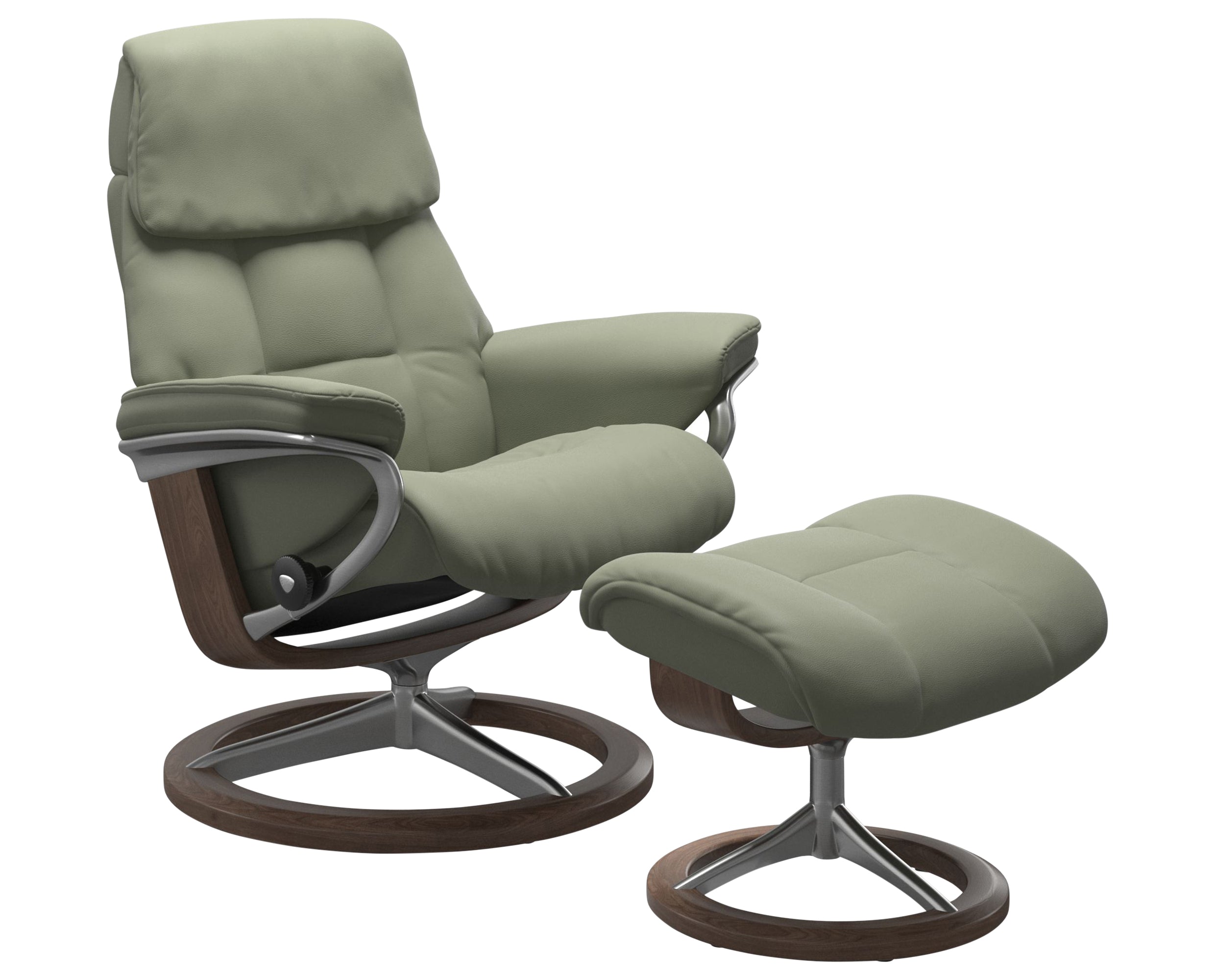 Paloma Leather Shadow Green L &amp; Walnut Base | Stressless Ruby Signature Recliner - Promo | Valley Ridge Furniture