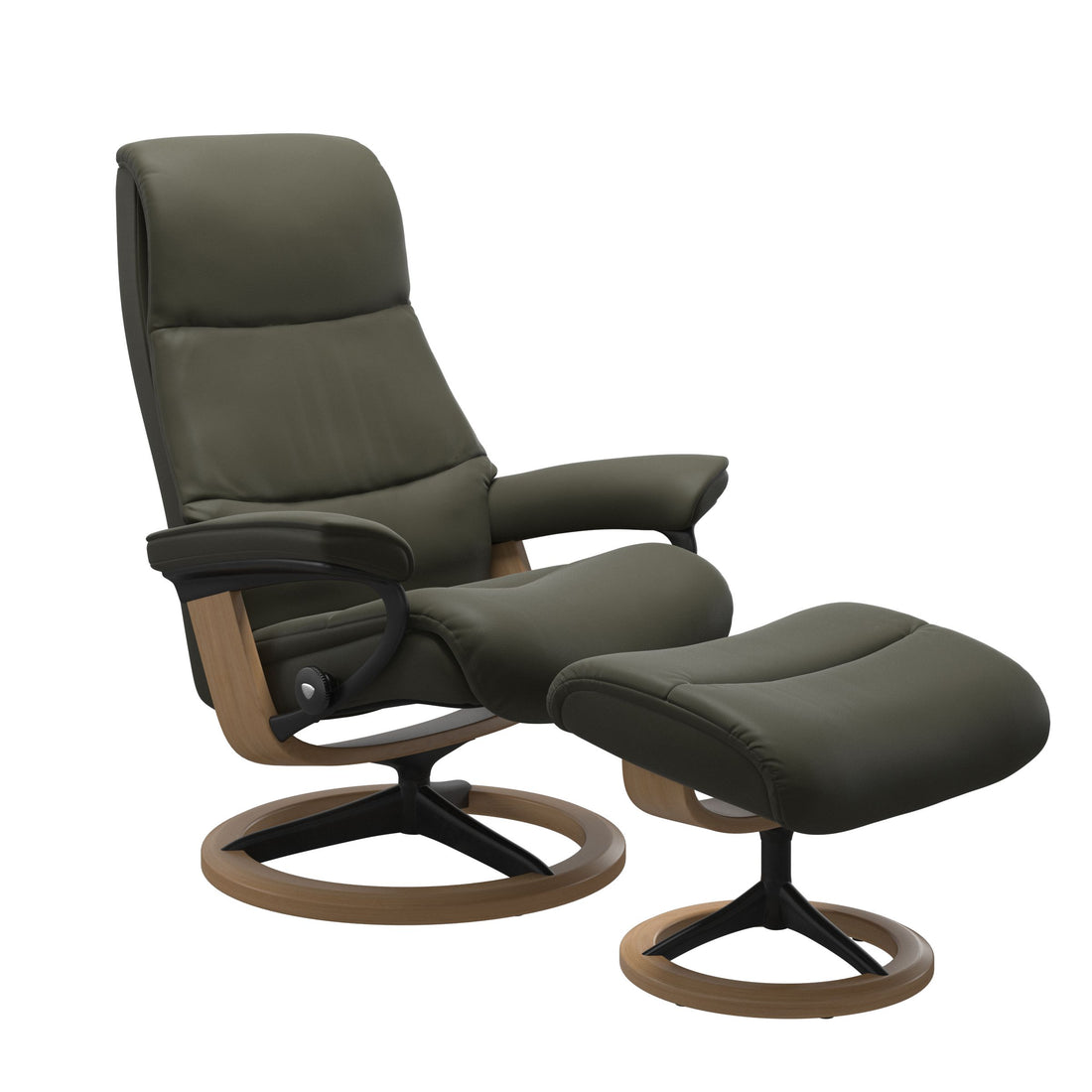 Stressless View Recliner Signature Base in Paloma Dark Olive, Oak (with Matte Black), front view