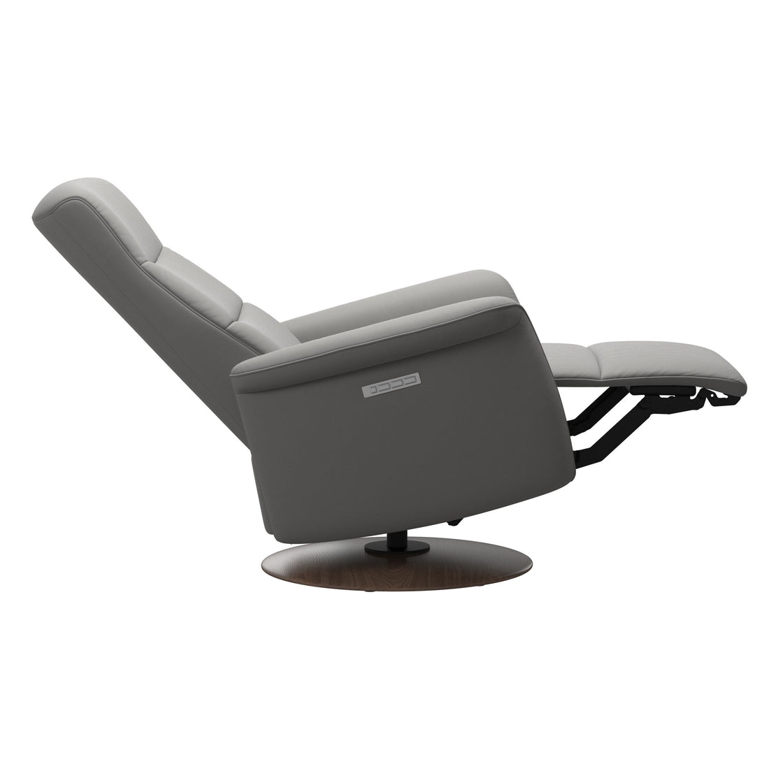 Stressless Mike Recliner Wood Base in Paloma Silver Grey, Walnut, rear three-quarter view