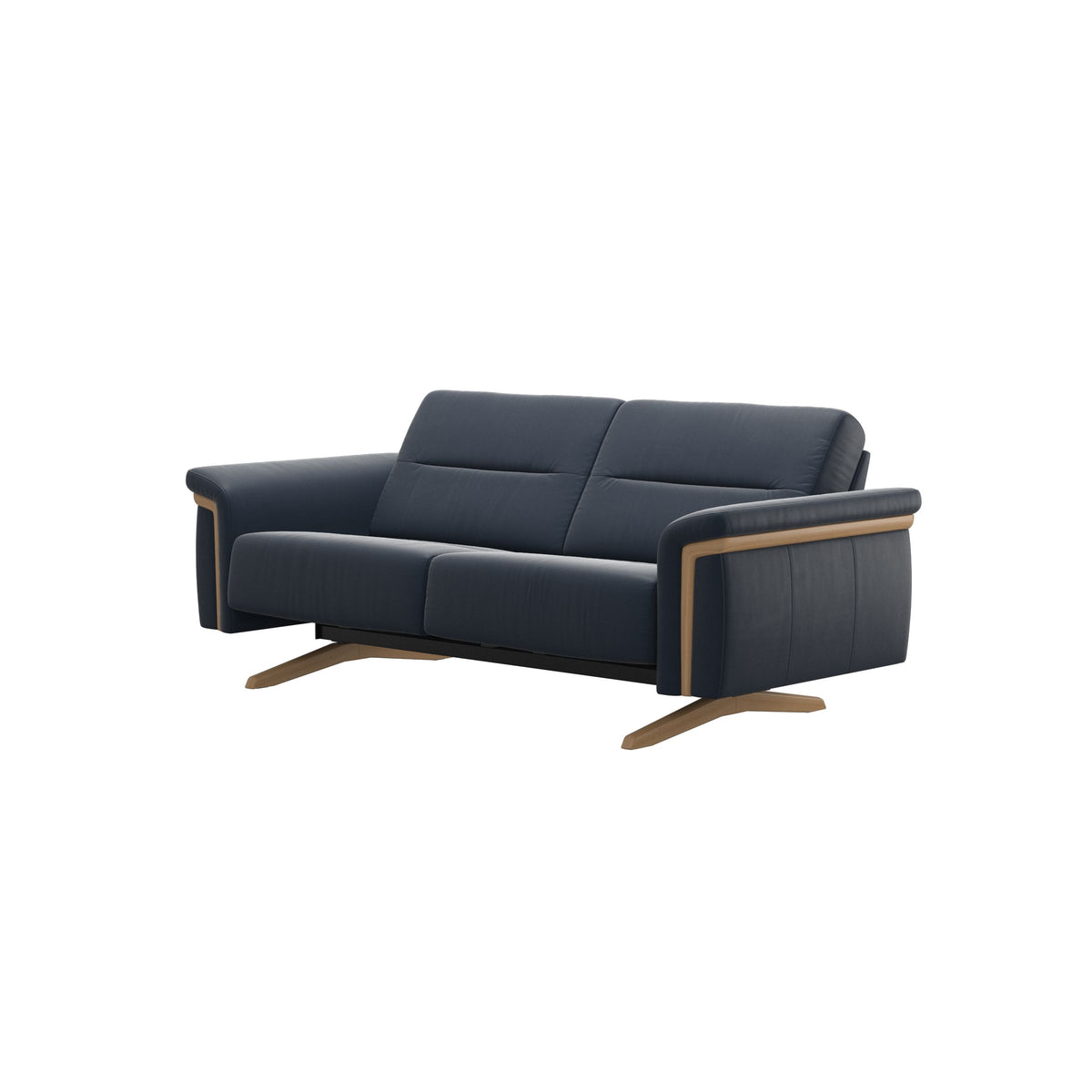 Stressless Stella Wood 2-Seater Sofa in Paloma Oxford Blue, Oak, side view
