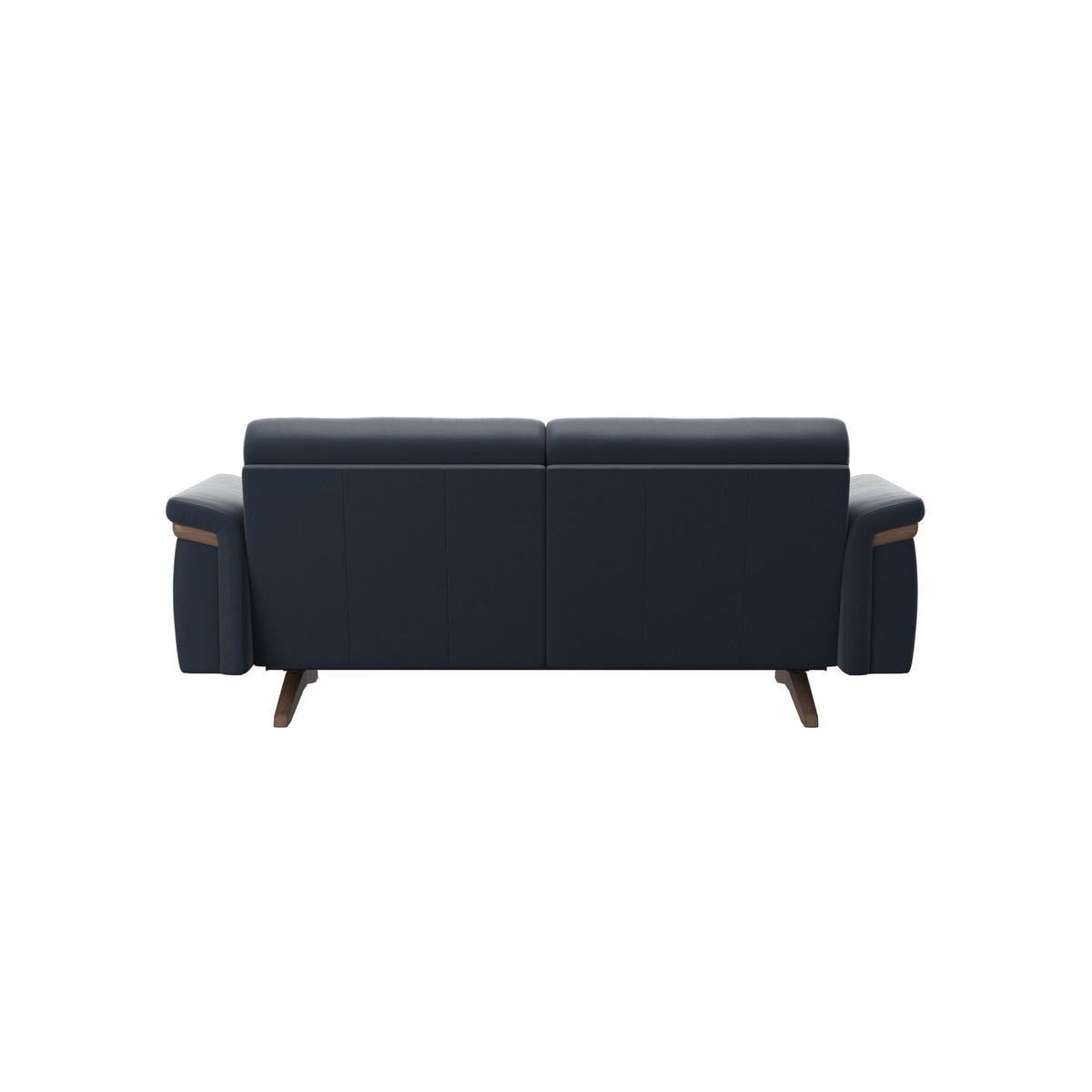 Stressless Stella Wood 2-Seater Sofa in Paloma Oxford Blue, Walnut, rear three-quarter view
