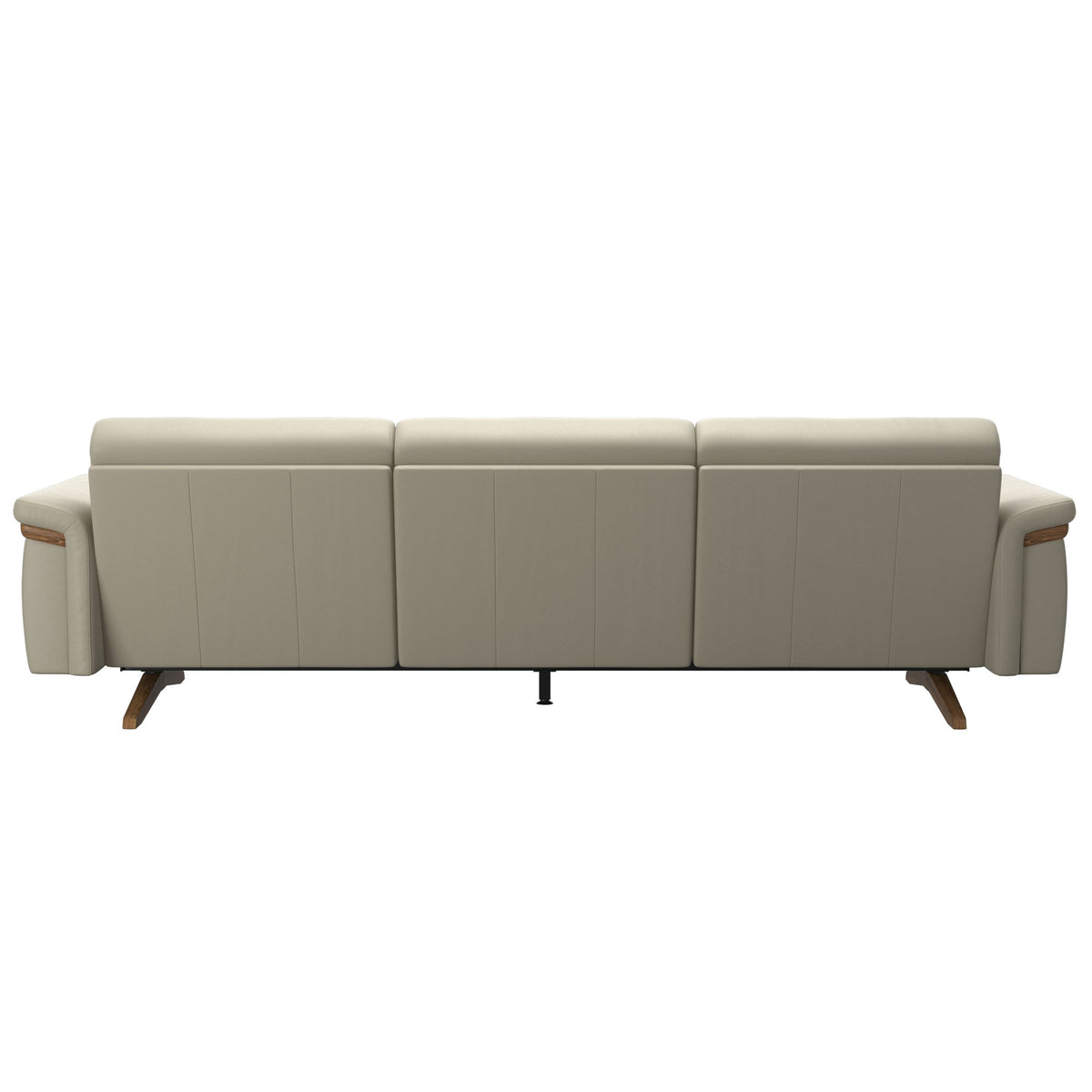 Stressless Stella Wood 3-Seater Sofa in Paloma Light Grey, rear three-quarter view, Teak wood