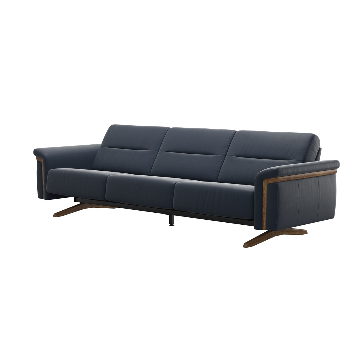 Stressless Stella Wood 3-Seater Sofa in Paloma Oxford Blue, side view, Teak wood