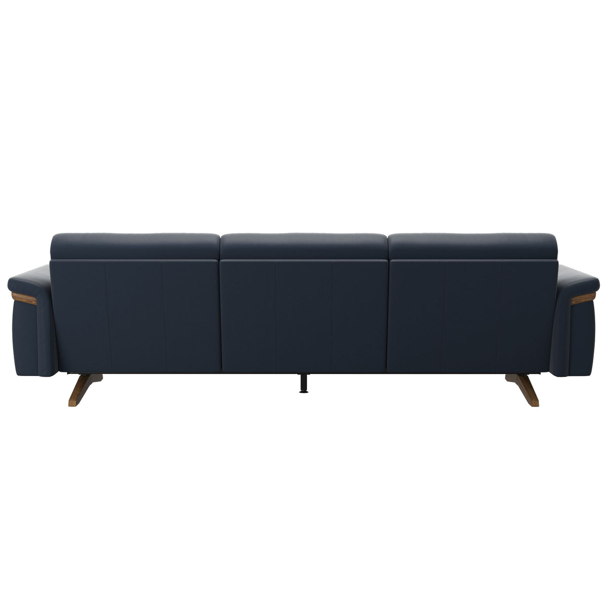 Stressless Stella Wood 3-Seater Sofa in Paloma Oxford Blue, rear three-quarter view, Teak wood